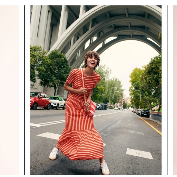 Boden Emma Tiered Jersey Midi T-Shirt Dress Red/Orange & White US 8 - Picture 2 of 9